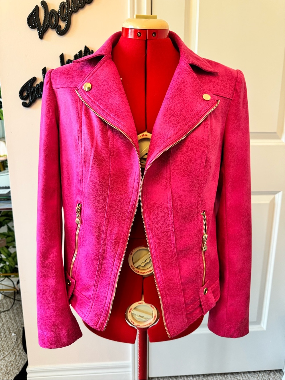Women’s Hot Pink Leather Moto Jacket with Gold Hardware